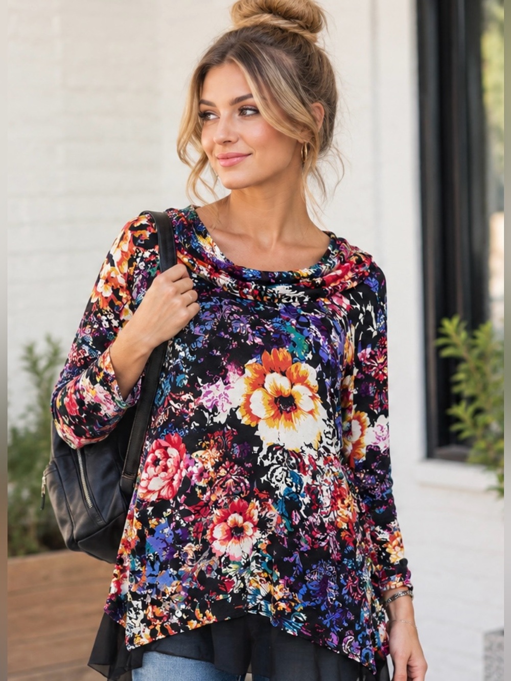 Womens Popover Tunic Top 1X Floral Dark Floral Sheer Asymmetric Hem